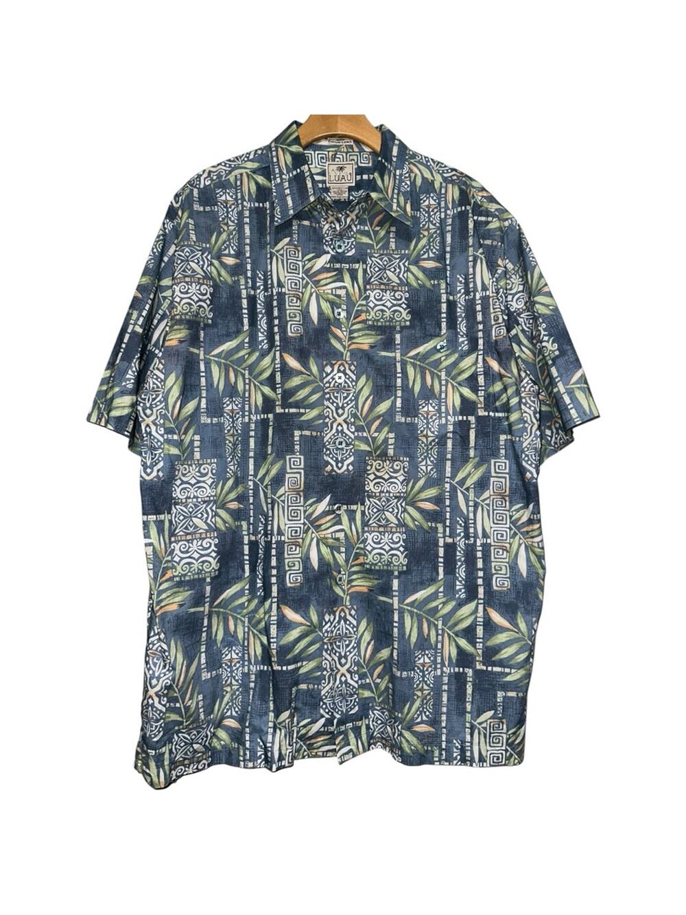 Luau Brand L Blue Hawaiian Floral Leaf Print Short Sleeve Button Front Shirt